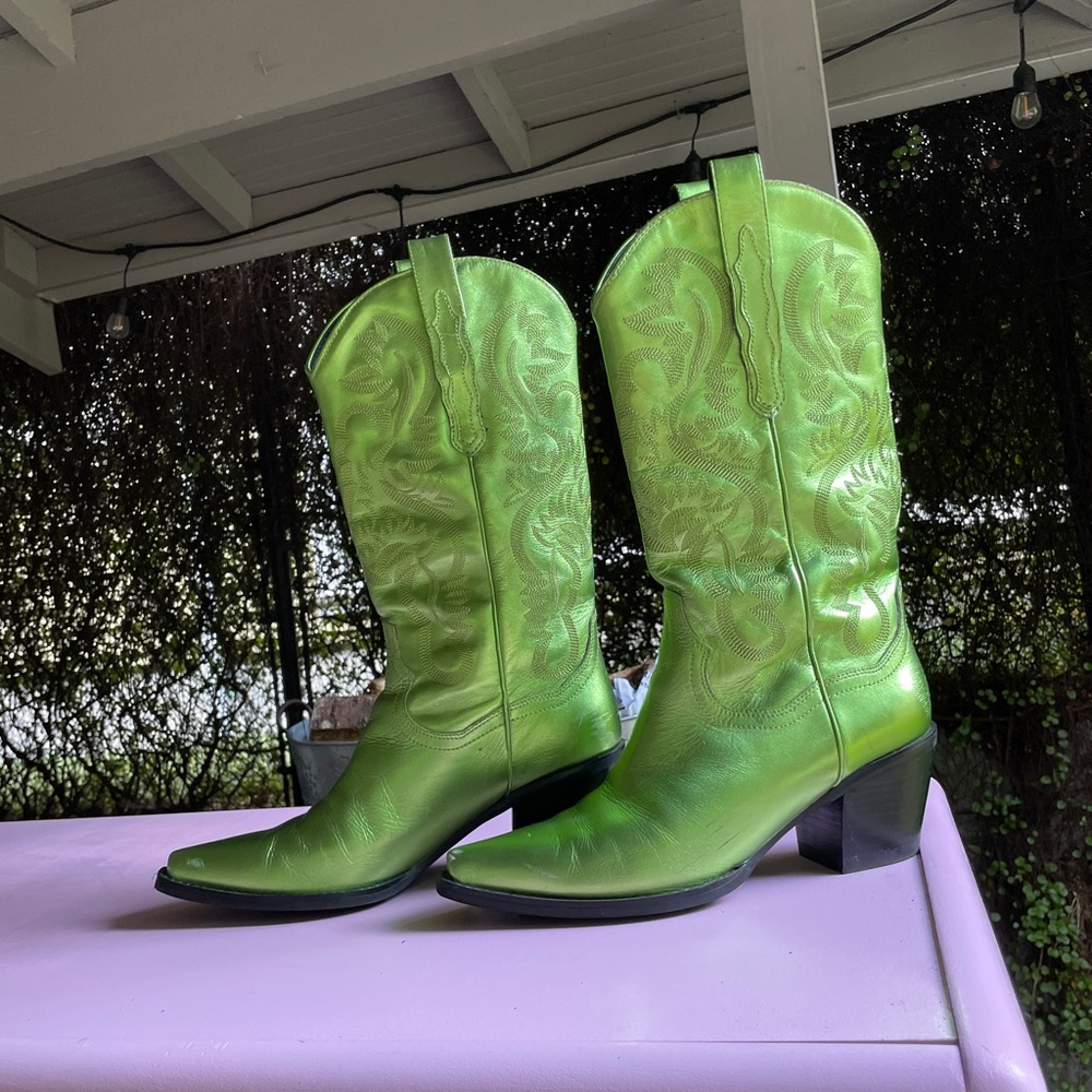 Jeffrey Campbell Dagget Green Metallic Heeled Boots with Western Flair